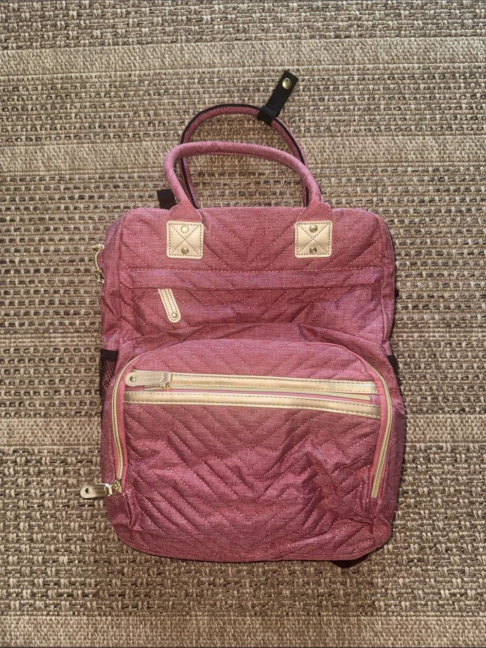 Women’s Quilted Redish Pink Baby Diaper Backpack Tote with Gold Accents ✨New✨